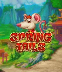 A charming illustration of a mouse dressed in traditional Chinese attire positioned in front of a vibrant landscape with mountains. The image is for the Spring Tails game by Betsoft, highlighted with bold red and gold logo lettering.